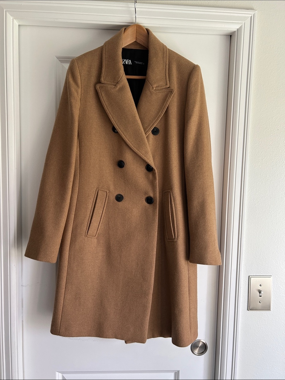 Zara Camel Double-Breasted Pea Coat